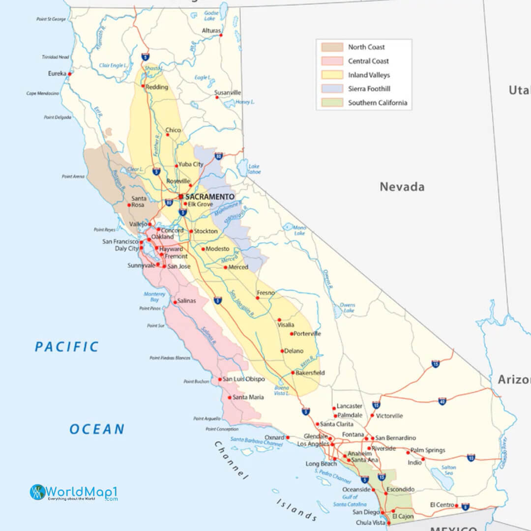 Carte des lacs et rivières de Californie